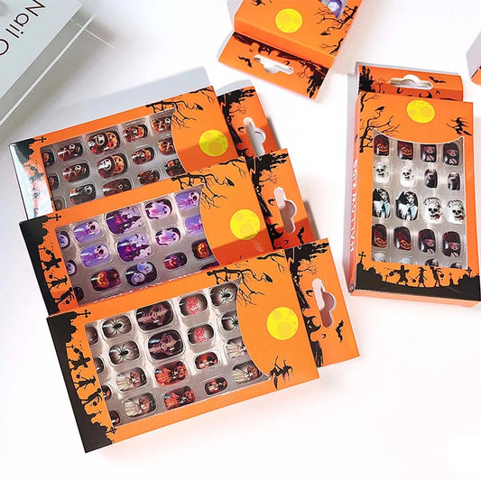 24Pcs/set Bat Spider Web Children Halloween False Nails Pumpkin Full Cover Nail Art Tips Kids Cartoon Fake Nails