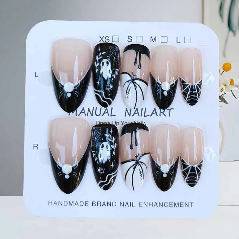 10Pcs Halloween Short Almond Shape Atmosphere Clown Black and White Ghost Spider Press on Nails Nail Patch False Nails Nails Art