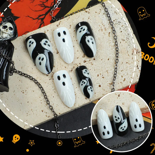 Halloween Ghost 3D Press-On Nails - Black & White Almond Shape (30 Pieces)