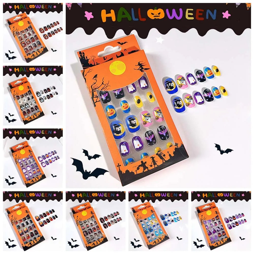 24Pcs Halloween Kids Press-On Nails - Bat Spider Web Ghost Pumpkin Children False Nails