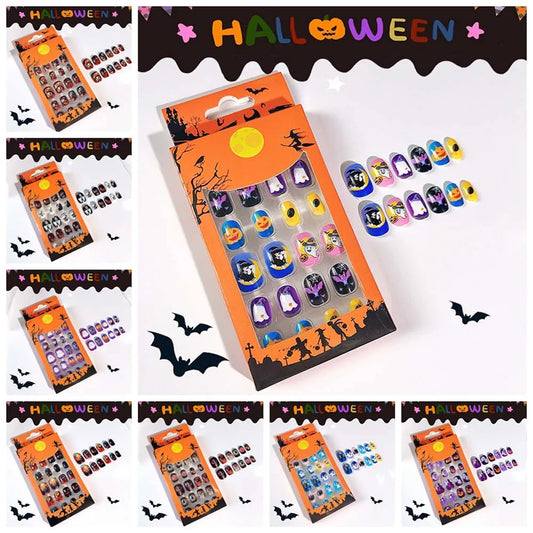 24Pcs Halloween Kids Press-On Nails - Bat Spider Web Ghost Pumpkin Children False Nails