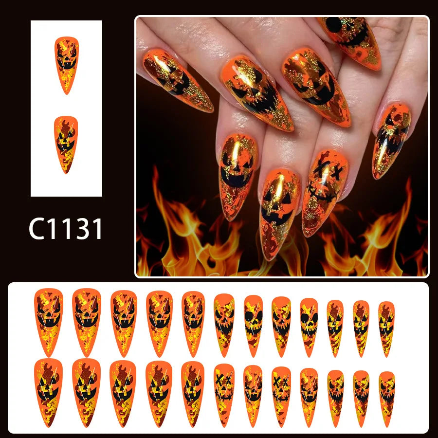 24pcs Halloween Fake Nails Red Decorated False Nail Almond Press on Nail Tips Halloween Cool Girl Long Fake Nail Halloween Nails