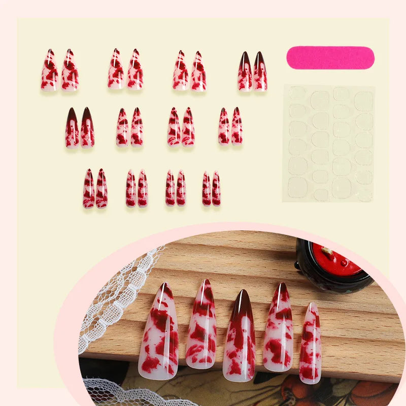 24 uñas postizas de Halloween con diseño de almendra y pegamento, con elementos de sangre, uñas postizas francesas rojas, uñas postizas estilo stiletto europeo, puntas usables.