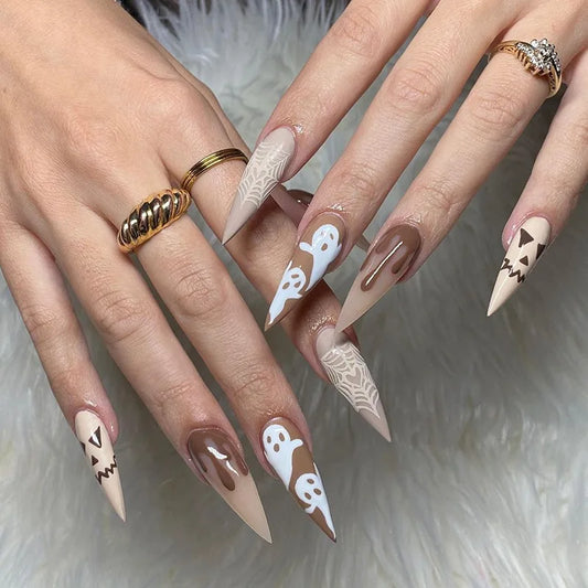 24Pcs Halloween Fake Nails Melanin-inspired Long-Tip Design Spooky Spiderweb Patterns Press-On Nail Tips Perfect Gifts for Girls