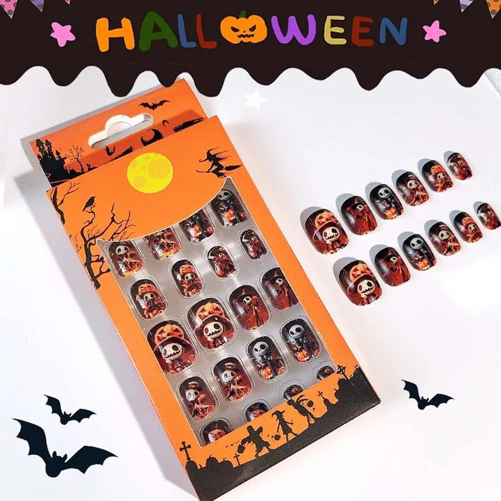 24Pcs/set Bat Spider Web Children Halloween False Nails Pumpkin Full Cover Nail Art Tips Kids Cartoon Fake Nails