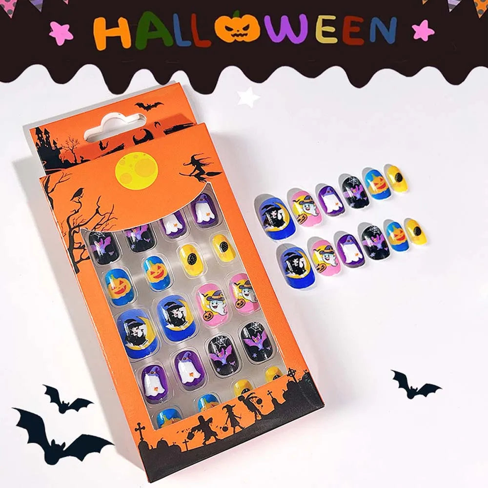 24Pcs/set Bat Spider Web Children Halloween False Nails Pumpkin Ghost Kids Cartoon Fake Nails Nail Supplies with Jelly Gel