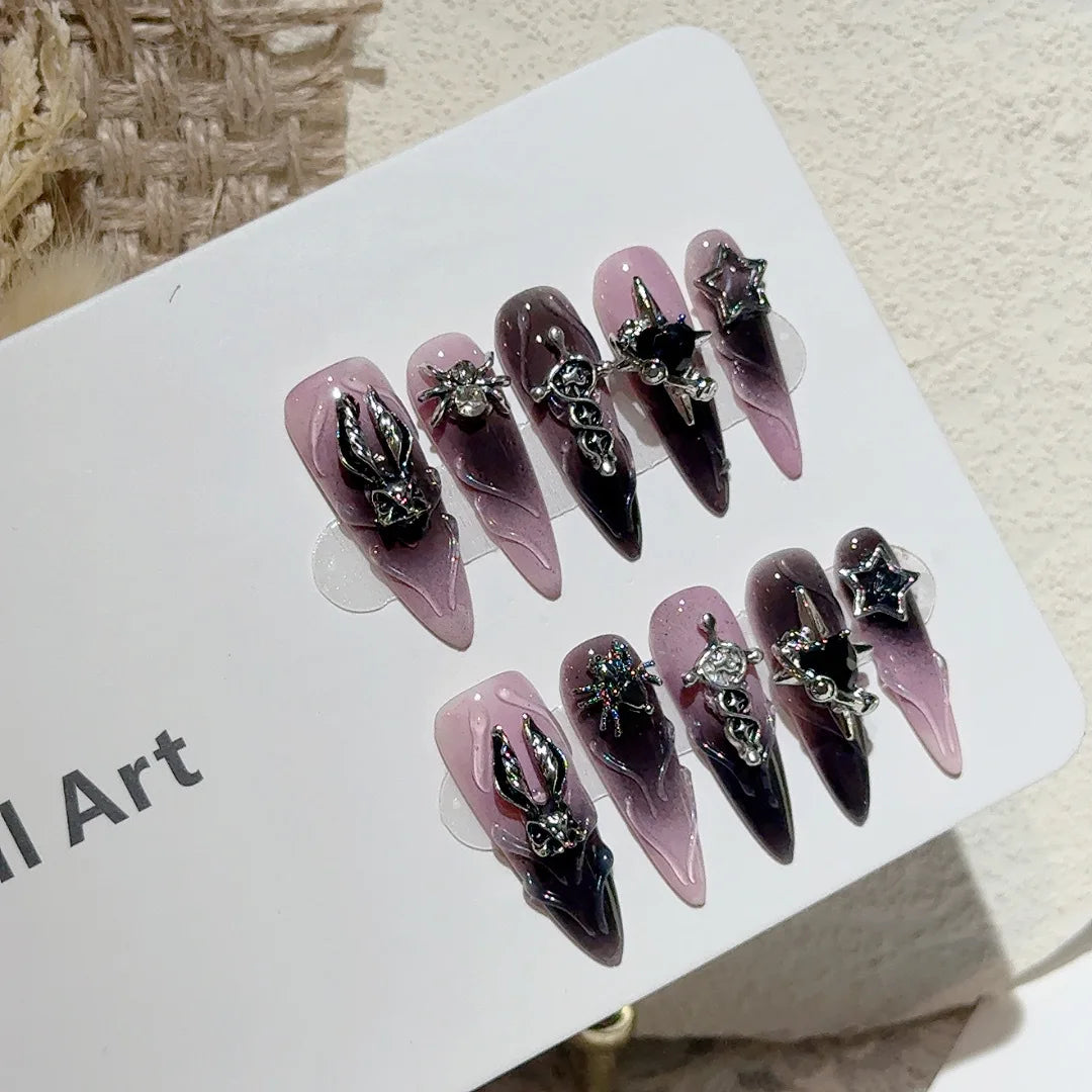 10 uñas postizas Y2k para Halloween, estilo punk oscuro, hechas a mano, con diseño de araña, conejito, dulce, picante, extraíbles y reutilizables.