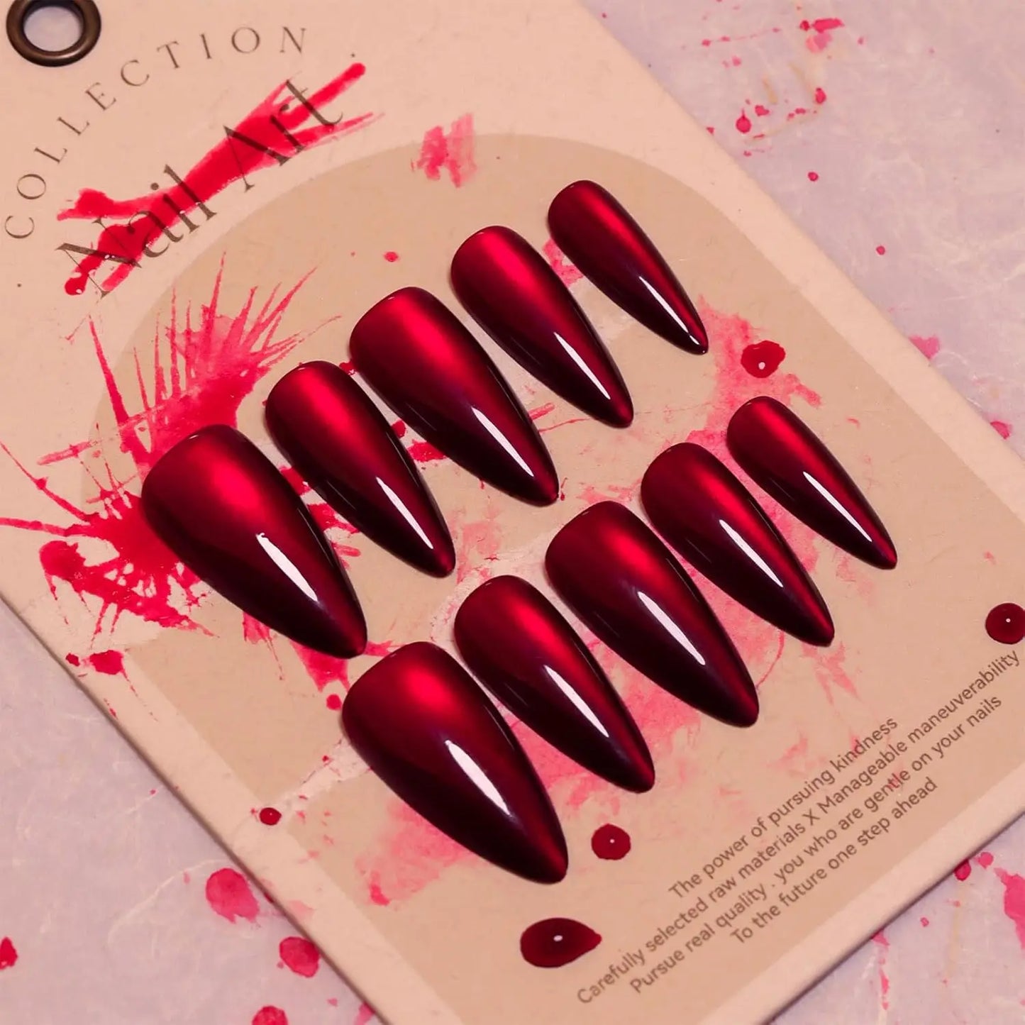 Halloween Red Cat Eye Press-On Nails - Gothic Scarlet Almond Coffin (30 Pieces)