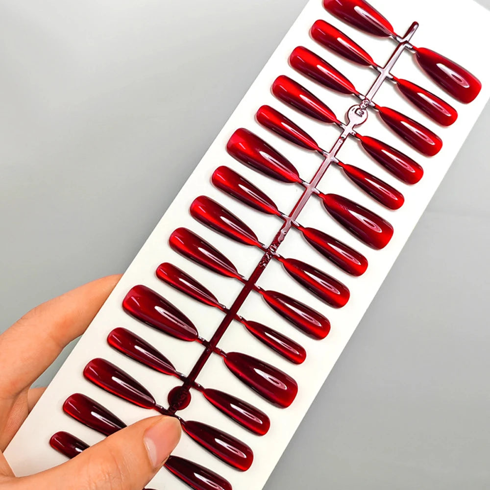 Halloween Red Cat Eye Press-On Nails - Gothic Scarlet Almond Coffin (30 Pieces)