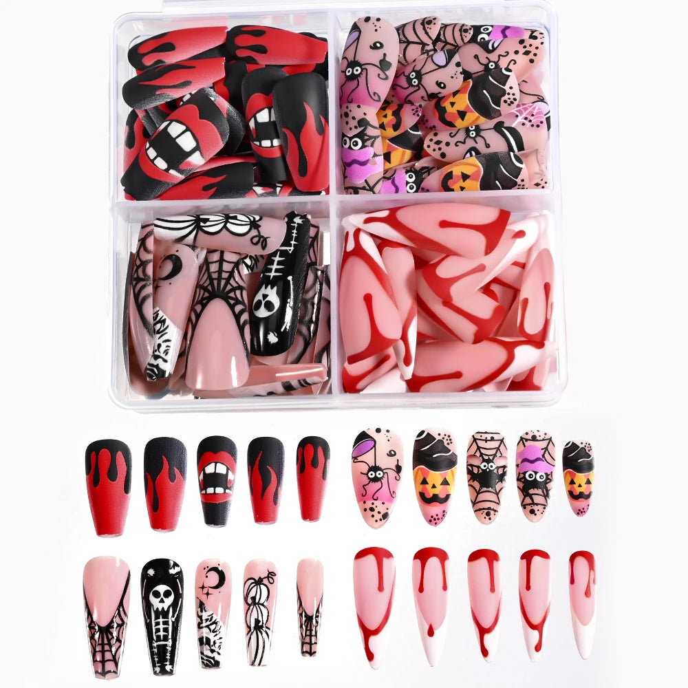 96Pcs/box Halloween Series False Nails #24*4 Press on Nails Ghosts Pumpkin Spider Design Full Cover Almond/Coffin Fake Nail Tips