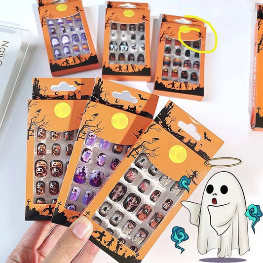 24Pcs Halloween Kids Press-On Nails - Bat Spider Web Ghost Pumpkin Children False Nails