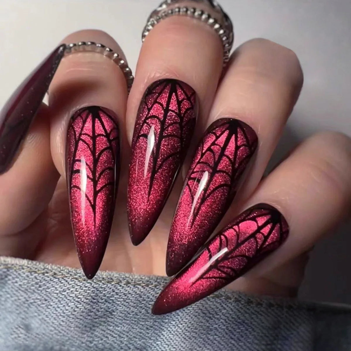 24pcs Halloween Press on Nails Green Cat's Eye Long Almond False Nails with Spider Bat Design Fake Nail Sets Detachable Manicure