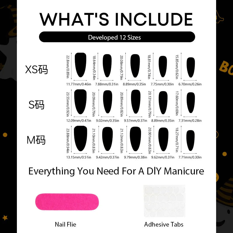 Halloween Ghost 3D Press-On Nails - Black & White Almond Shape (30 Pieces)