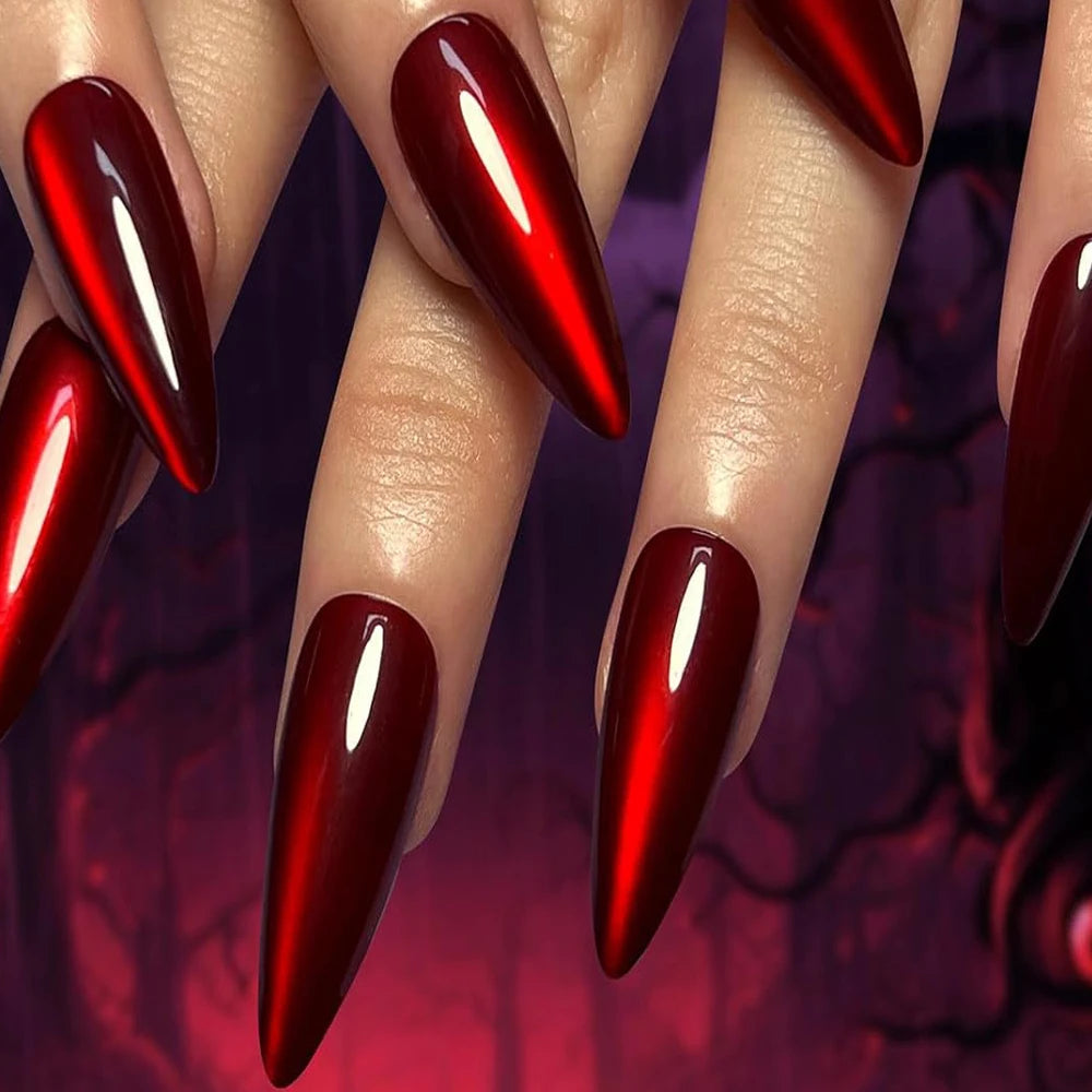 Halloween Red Cat Eye Press-On Nails - Gothic Scarlet Almond Coffin (30 Pieces)