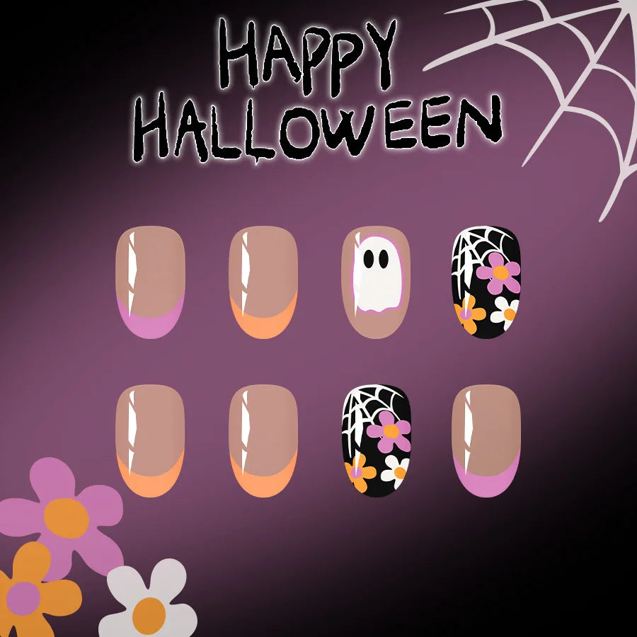 24pcs 2025 Halloween Almond Press on Nails French False Nails Kawaii Wearable Stick-on Nails Fake Nail Uñas Накладные Ногти 네일팁