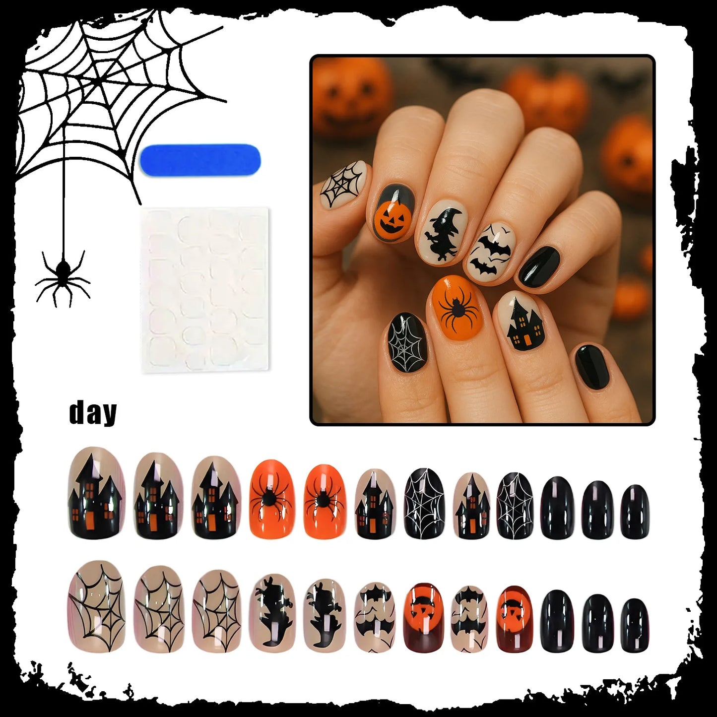 24pcs Halloween Night Light Dark Spider Press on Nails Halloween Fake Nails Full Cover Wearable False Nails