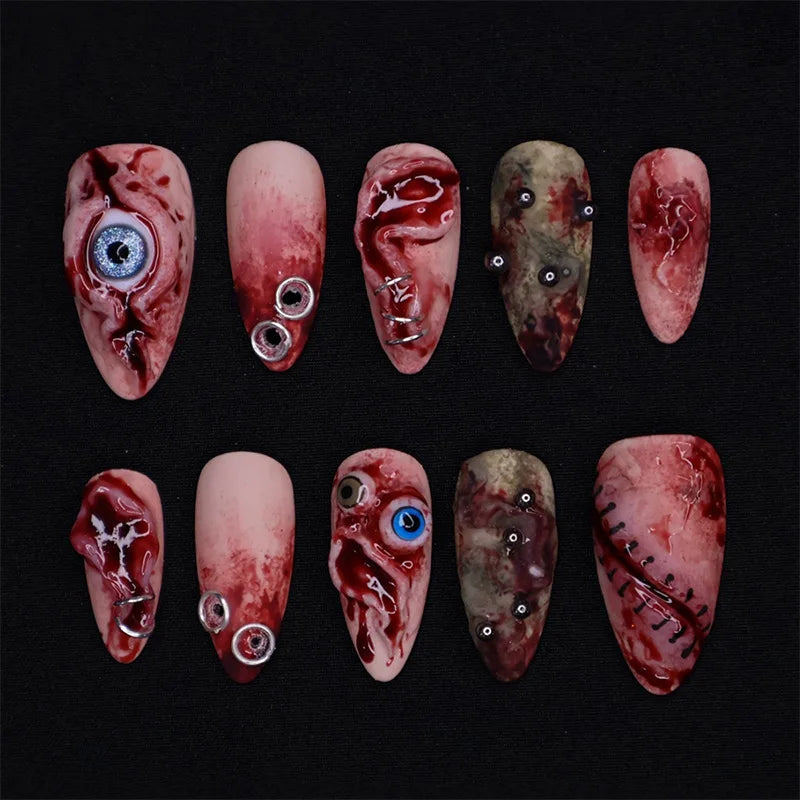 24 uñas postizas de Halloween con diseño de almendra y pegamento, con elementos de sangre, uñas postizas francesas rojas, uñas postizas estilo stiletto europeo, puntas usables.