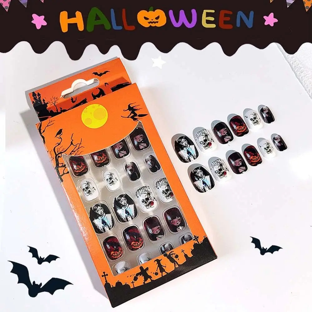 24Pcs/set Bat Spider Web Children Halloween False Nails Pumpkin Ghost Kids Cartoon Fake Nails Nail Supplies with Jelly Gel