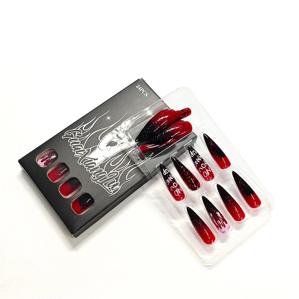 24pcs Halloween Fake Nails Red Decorated False Nail Almond Press on Nail Tips Halloween Cool Girl Long Fake Nail Halloween Nails