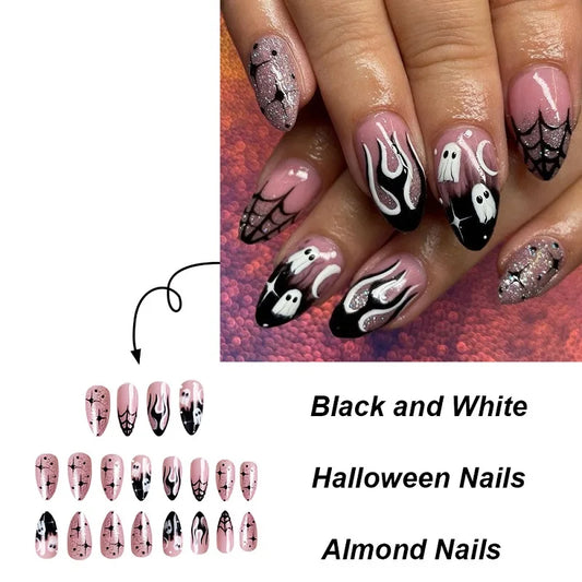 24Pcs Halloween Bat & Spider Press-On Nails - Almond French Fake Nails Full Cover