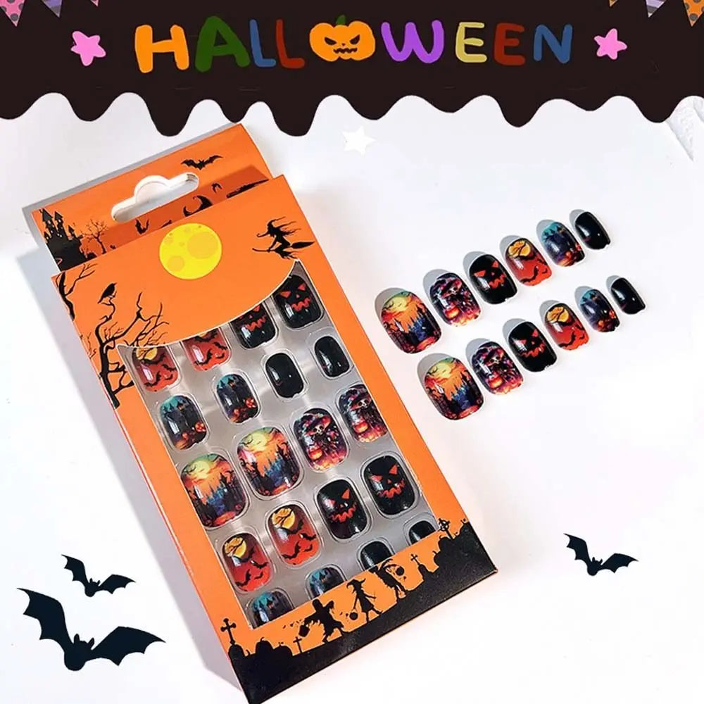 24Pcs/set Bat Spider Web Children Halloween False Nails Ghost Pumpkin Kids Cartoon Fake Nails with Jelly Gel Manicure Material