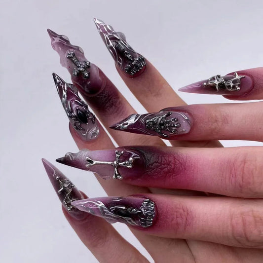 24pcs Halloween Long Almond Fake Nails Gothic Dark Black Style Press on Nails Full Cover Wearable Heavy Metal False Nail Tips
