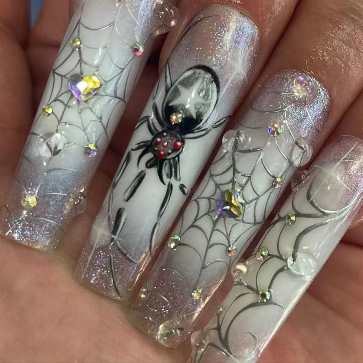 24Pcs Silver Spider Design Halloween Press-On Nails - Gothic Punk Almond False Nails