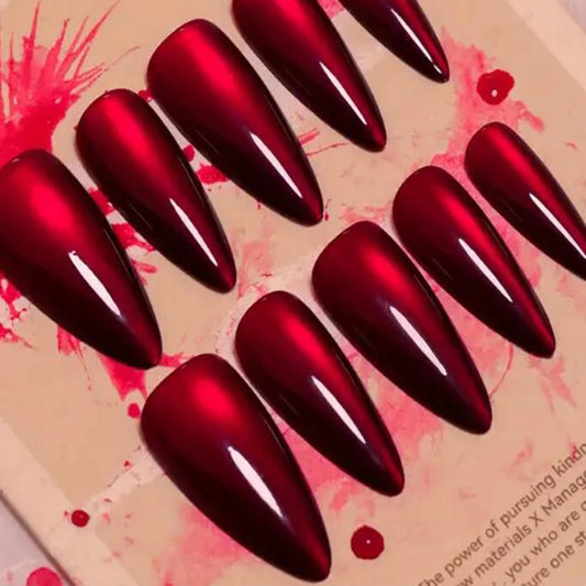 Halloween Red Cat Eye Press-On Nails - Gothic Scarlet Almond Coffin (30 Pieces)