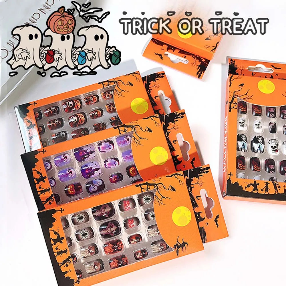 24Pcs Halloween Kids Press-On Nails - Bat Spider Web Ghost Pumpkin Children False Nails