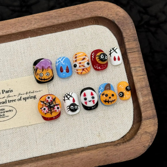 10pcs Short Round Handmade False Nails For Halloween 3D Pumpkin Ghost Spider Decor Press On Nails Sweet Cool Party Fake Nail