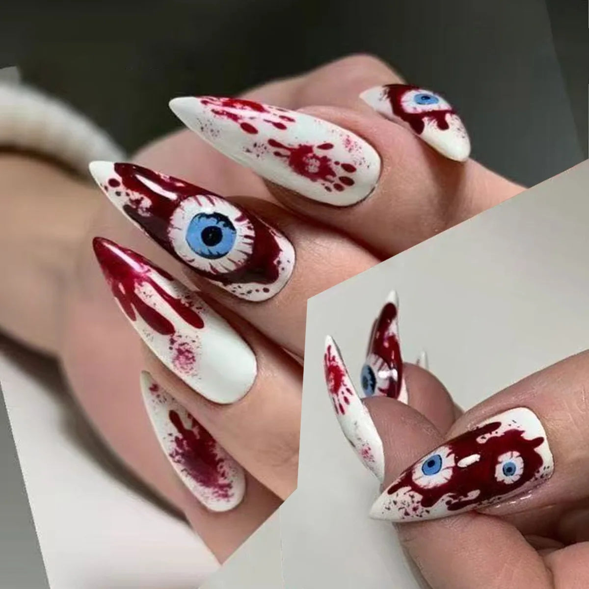 24Pcs Silver Spider Design Halloween Press-On Nails - Gothic Punk Almond False Nails