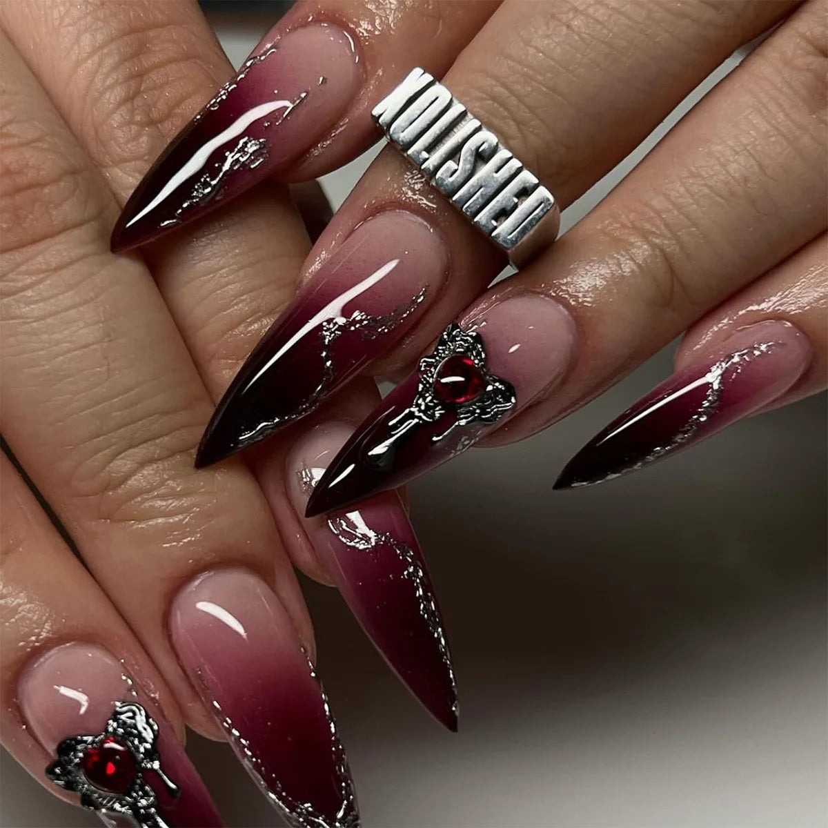 24pcs Halloween Fake Nails Red Decorated False Nail Almond Press on Nail Tips Halloween Cool Girl Long Fake Nail Halloween Nails
