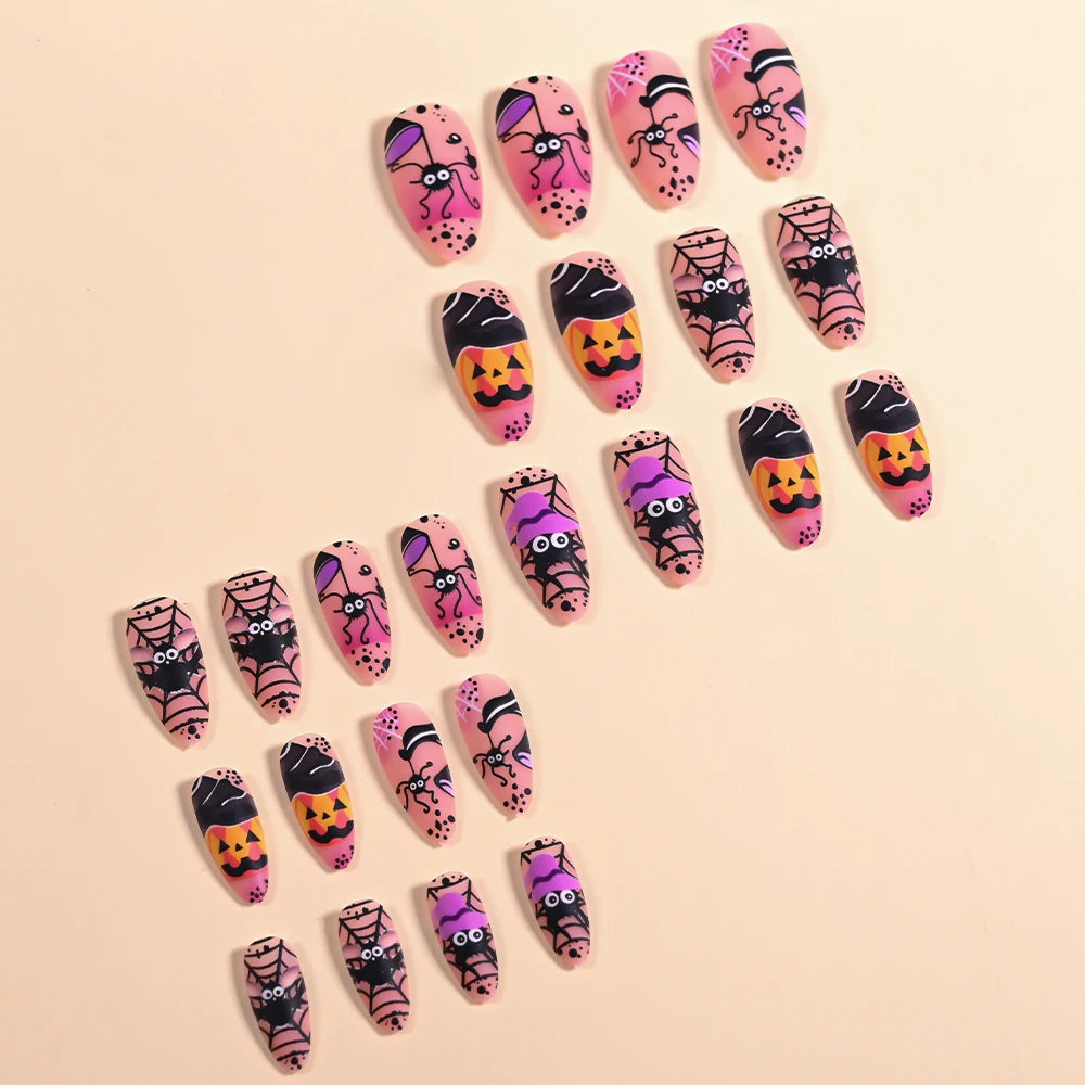 96Pcs/box Halloween Series False Nails #24*4 Press on Nails Ghosts Pumpkin Spider Design Full Cover Almond/Coffin Fake Nail Tips