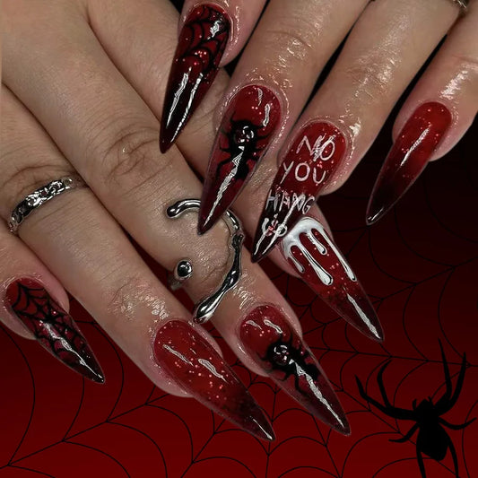 24pcs Halloween Fake Nails Red Decorated False Nail Almond Press on Nail Tips Halloween Cool Girl Long Fake Nail Halloween Nails