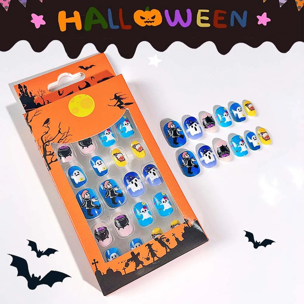24Pcs Halloween Kids Press-On Nails - Bat Spider Web Ghost Pumpkin Children False Nails