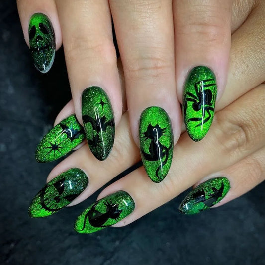 24pcs Halloween Press on Nails Green Cat's Eye Long Almond False Nails with Spider Bat Design Fake Nail Sets Detachable Manicure