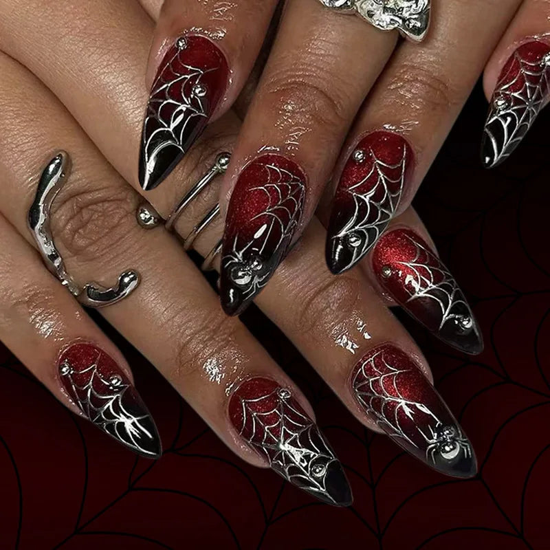 24 uñas postizas de Halloween con diseño de almendra y pegamento, con elementos de sangre, uñas postizas francesas rojas, uñas postizas estilo stiletto europeo, puntas usables.