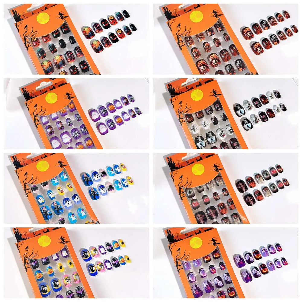 24Pcs/set Bat Spider Web Children Halloween False Nails Pumpkin Full Cover Nail Art Tips Kids Cartoon Fake Nails