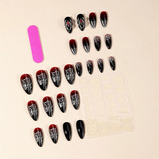 24Pcs Silver Spider Design Halloween Press-On Nails - Gothic Punk Almond False Nails