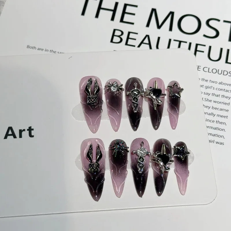 10 uñas postizas Y2k para Halloween, estilo punk oscuro, hechas a mano, con diseño de araña, conejito, dulce, picante, extraíbles y reutilizables.