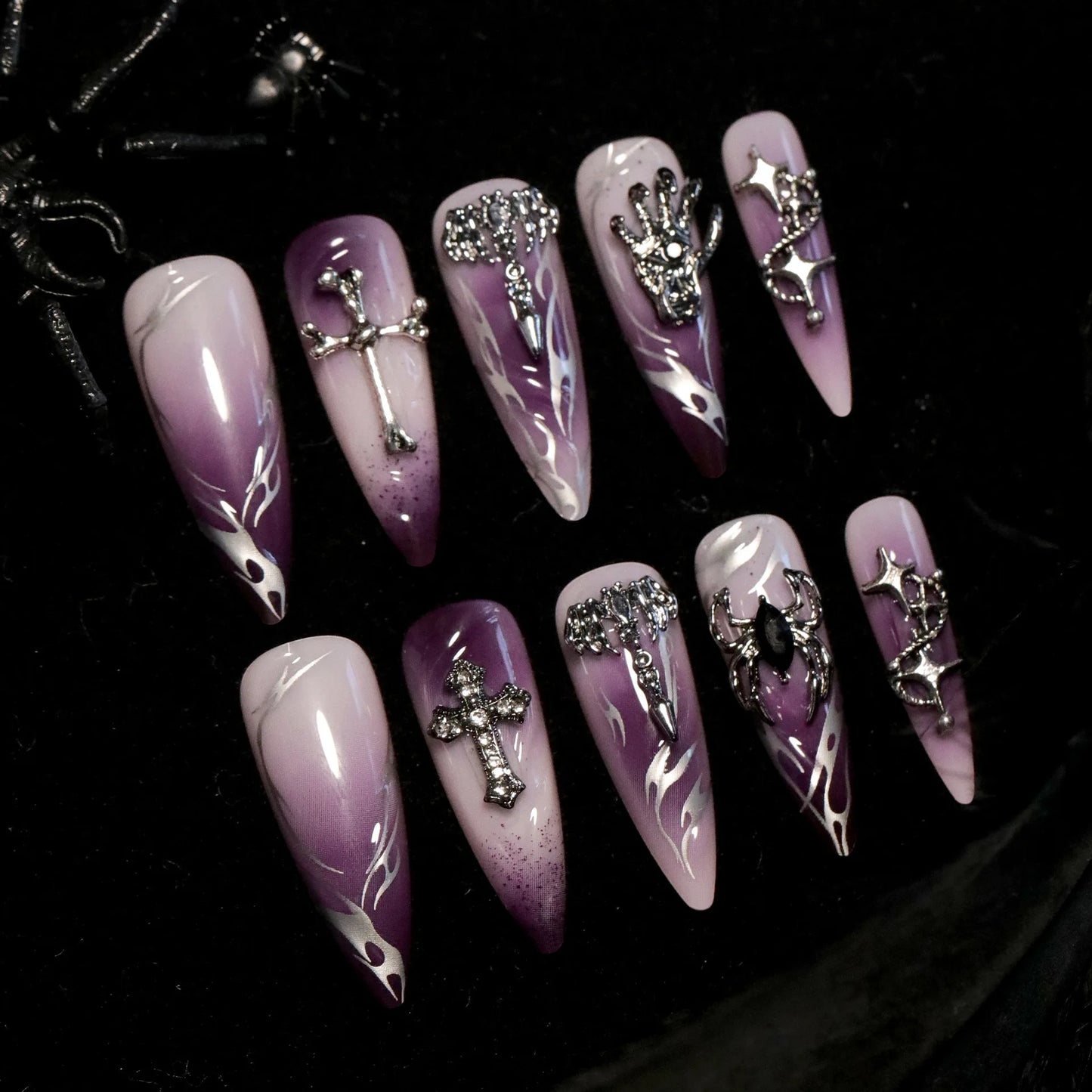 24pcs Halloween Long Almond Fake Nails Gothic Dark Black Style Press on Nails Full Cover Wearable Heavy Metal False Nail Tips