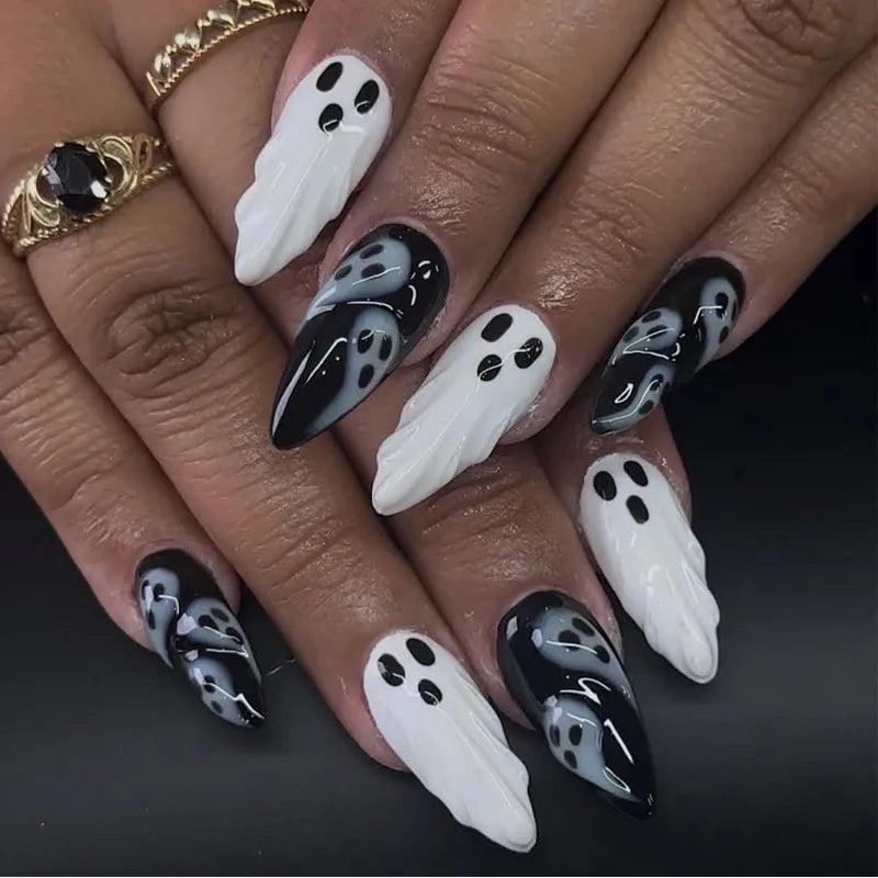 Halloween Ghost 3D Press-On Nails - Black & White Almond Shape (30 Pieces)