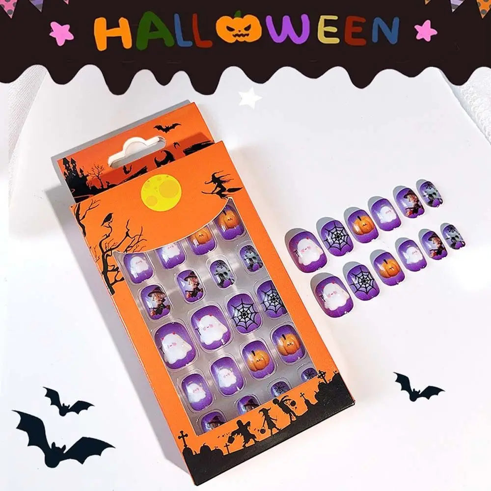 24Pcs Halloween Kids Press-On Nails - Bat Spider Web Ghost Pumpkin Children False Nails