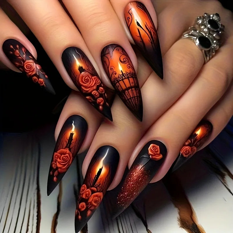 24Pcs Long Almond Halloween Press-On Nails - Black Spider Web Rhinestone Red Gradient