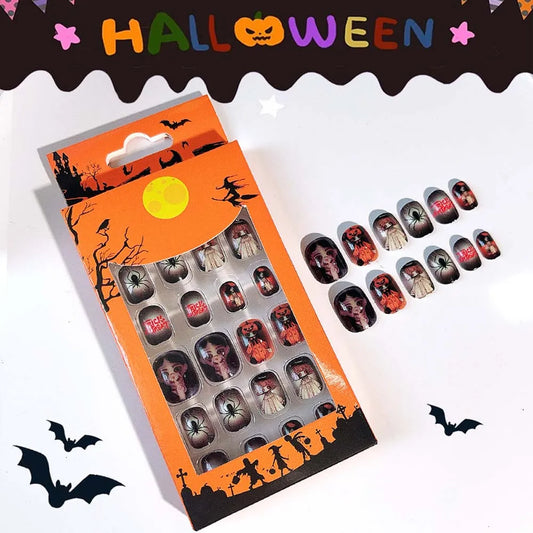 24Pcs/set Bat Spider Web Children Halloween False Nails Ghost Pumpkin Kids Cartoon Fake Nails Nail Supplies Manicure Material