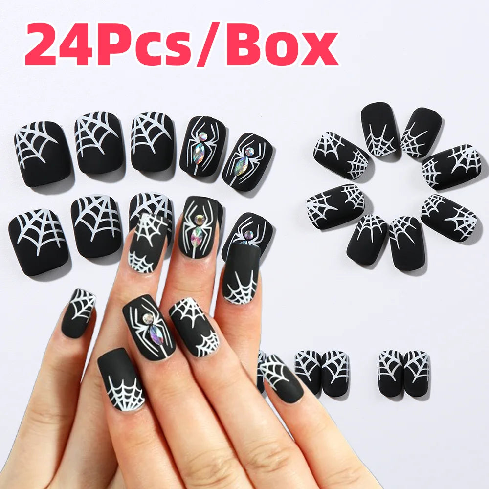 24Pcs Black Halloween Fake Nail Tips with Diamond Spider Web Design Press On Nails Short Square Wearable Y2K False Fingertips 1