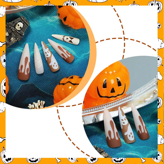 24Pcs Halloween Fake Nails Melanin-inspired Long-Tip Design Spooky Spiderweb Patterns Press-On Nail Tips Perfect Gifts for Girls