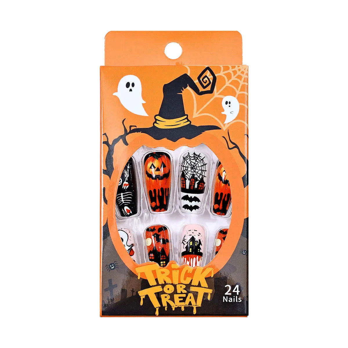 24 uñas postizas doradas con diseño de murciélago y araña, para Halloween, estilo ballet, estilo ataúd, para usar a presión.