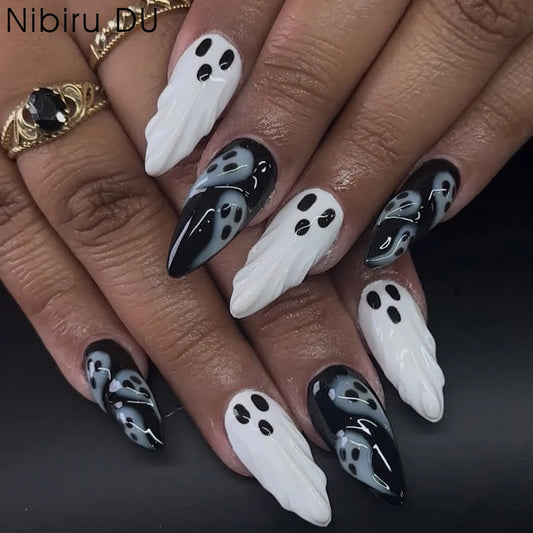 Halloween Ghost 3D Press-On Nails - Black & White Almond Shape (30 Pieces)