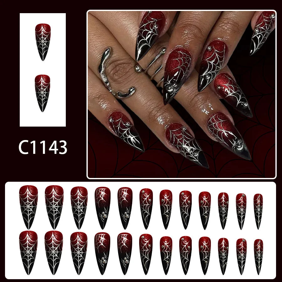 24pcs Halloween Fake Nails Red Decorated False Nail Almond Press on Nail Tips Halloween Cool Girl Long Fake Nail Halloween Nails